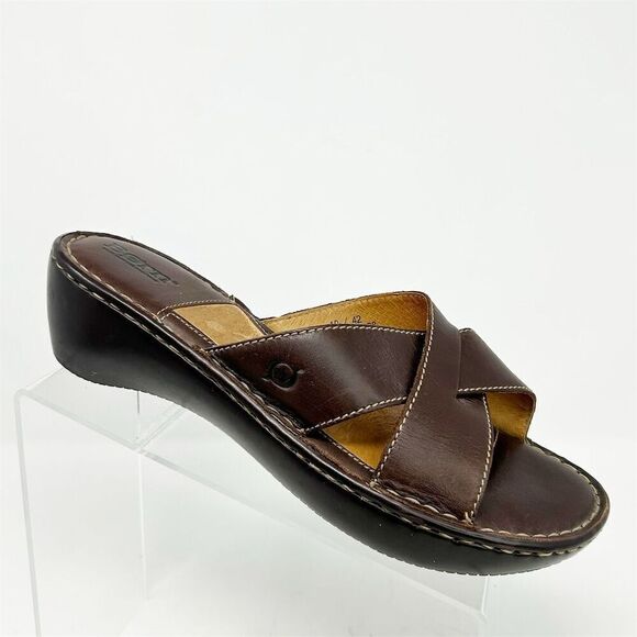 Born Women's Chocolate Brown Leather Slip-On Wedge Sandals Size 10 Summer - Picture 1 of 13